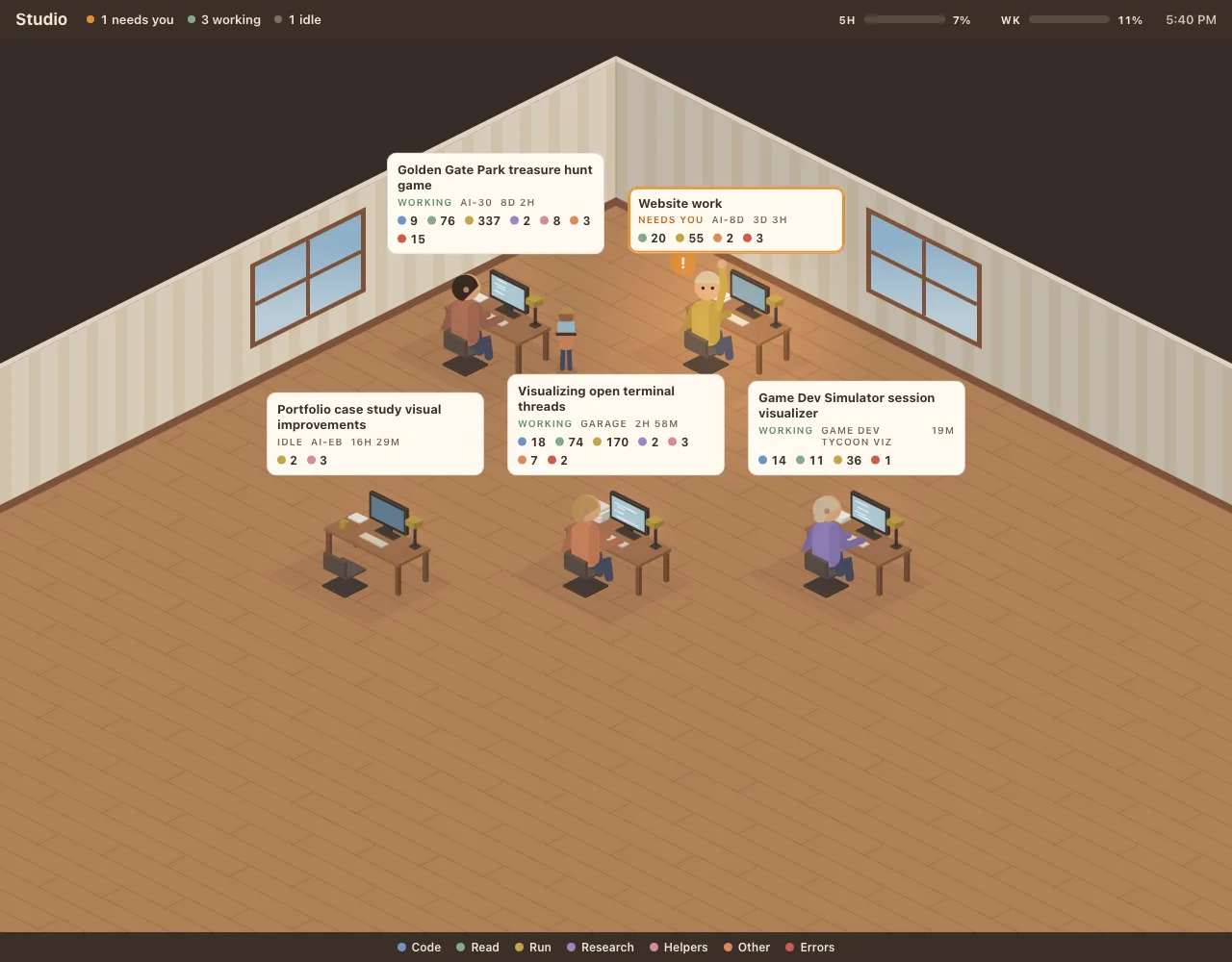 Eleven minutes later: the first isometric room, an empty chair for the idle session, and a raised hand for the one that needs input