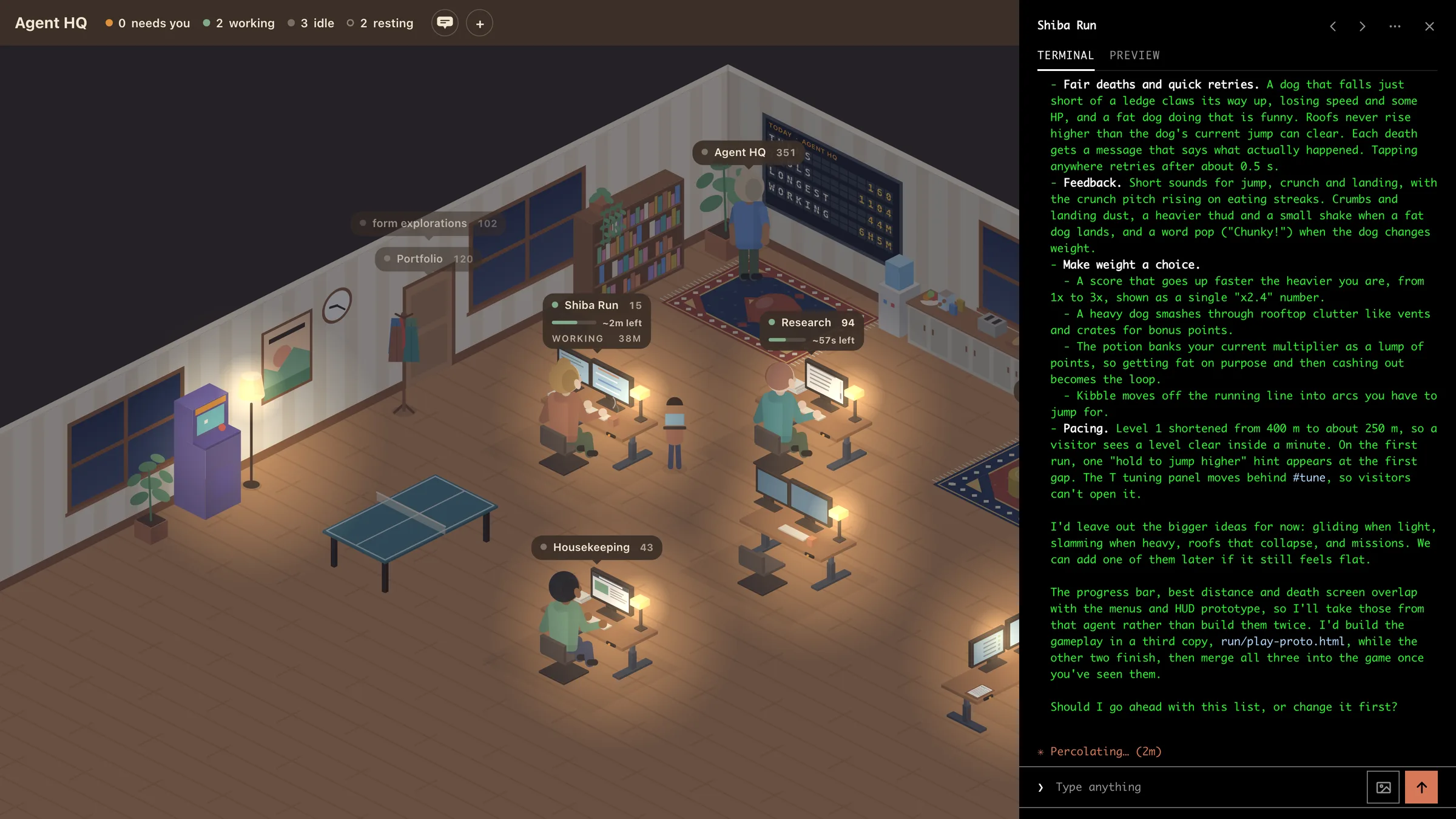 Agent HQ with a terminal panel open on the right. The Shiba Run session is mid-turn, with its reply in green mono text and a spinner reading Percolating, 2 minutes