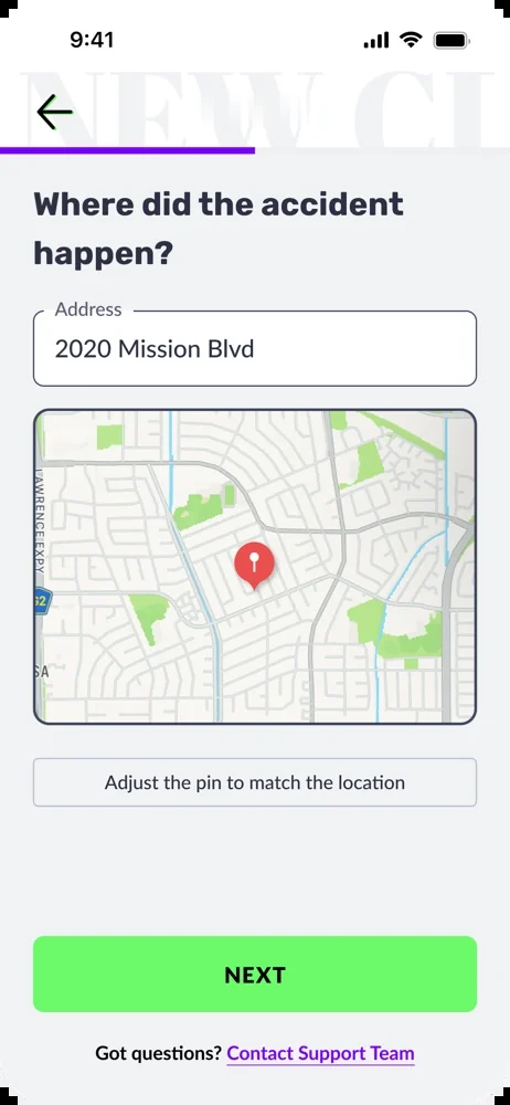 Claims flow screen: where did the accident happen, address field with map and adjustable pin