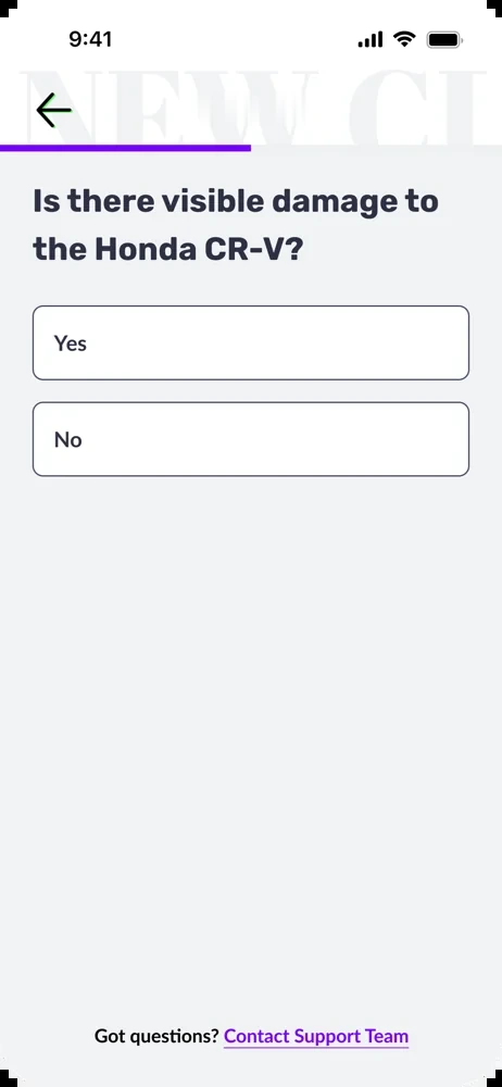 Claims flow screen: is there visible damage to the vehicle, yes or no