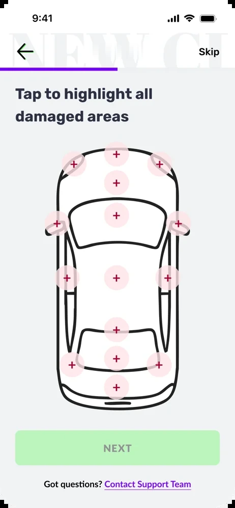 Claims flow screen: tap to highlight all damaged areas on a top-down diagram of the car