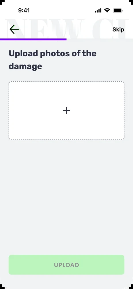 Claims flow screen: upload photos of the damage
