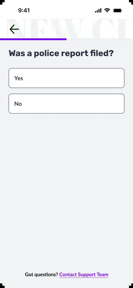 Claims flow screen: was a police report filed, yes or no