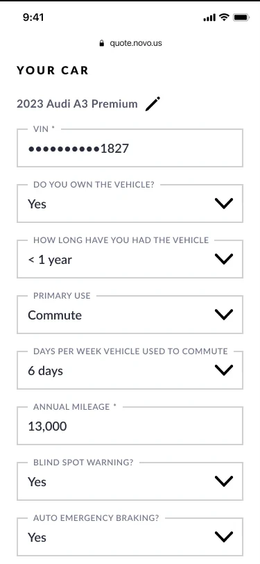 The old form's car section: how long have you had the vehicle, primary use and other questions, each a dropdown.