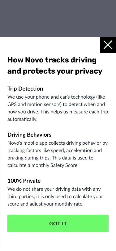 How Novo tracks driving and protects your privacy: trip detection, driving behaviors and a promise not to share data.