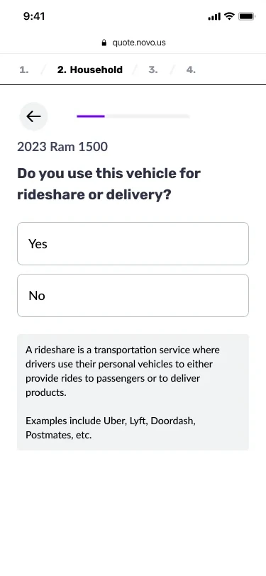 Question: do you use this vehicle for rideshare or delivery, with Yes and No.