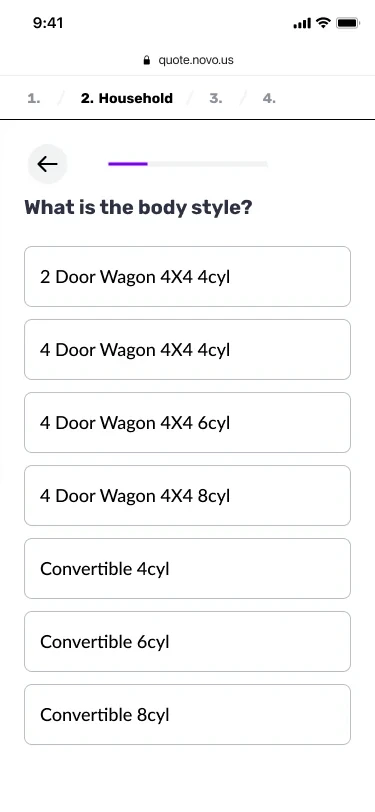 Vehicle question asking for the body style, with a list of options.