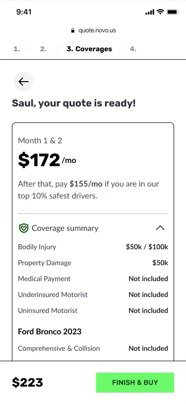 Quote ready screen showing $172 a month with a coverage summary and a Finish and Buy button.